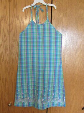 GIRL CODE GIRL'S SIZE 16 DRESS BLUE PURPLE GREEN PLAID FLORAL GLITTER HALTER USA